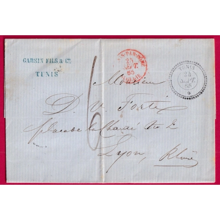CAD TUNIS TUNISIE 1865 POUR LYON RHONE 1865 ENTREE TUNIS PAR BONE ALGERIE LETTRE COVER FRANCE