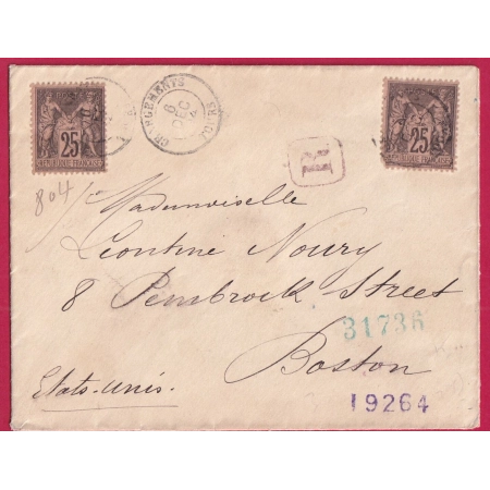 N°97 X2 CHARGEMENT TOURS INDRE ET LOIRE POUR BOSTON ETATS UNIS RECOMMANDEE LETTRE COVER FRANCE