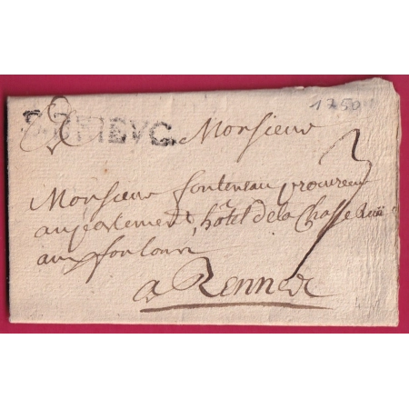 MARQUE ST BRIEUC COTES DU NORD LENAIN N°3 INDICE 14 POUR RENNES ILLE ET VILAINE 1750 LETTRE COVER FRANCE
