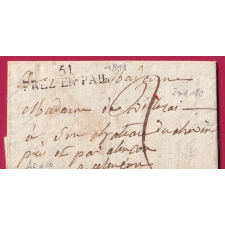 CURSIVE 51 PREZ EN PAIL MAYENNE INDICE 9 POUR ALENCON ORNE 1811 LETTRE COVER FRANCE