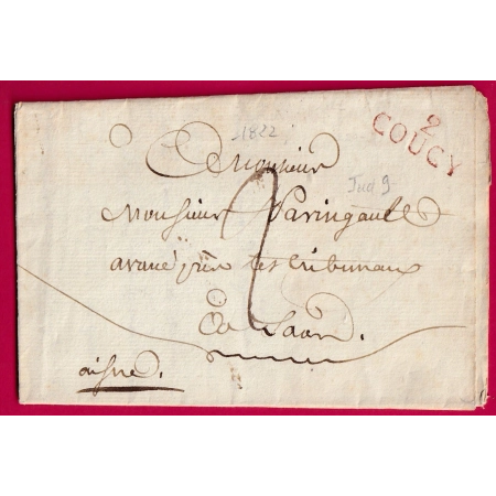MARQUE 2 COUCY LE CHATEAU AISNE 1822 EN ROUGE POUR LAON INDICE 9 LETTRE COVER FRANCE