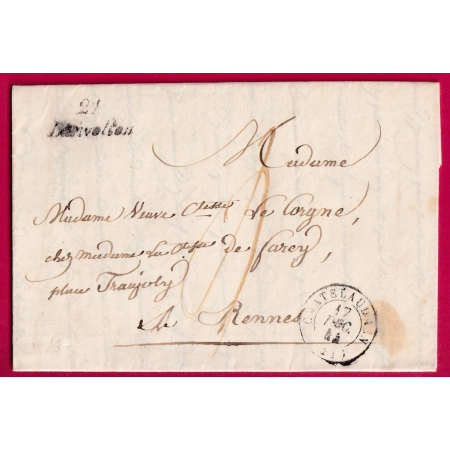 CURSIVE 21 LANVOLLON COTES DU NORD POUR RENNES 1844 INDICE 14 LETTRE COVER FRANCE