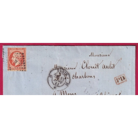 N°16 ORANGE VIF PARIS BUREAU H ROMAIN POUR MONS BELGIQUE DEVANT DE LETTRE COVER FRANCE
