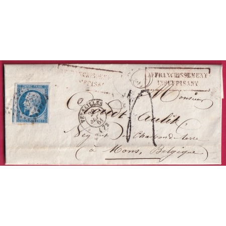 N°14 PC 3537 VERSAILLES SEINE ET OISE TAXE TAMPON 4 AFFRANCHISSEMENT INSUFFISANT MONS BELGIQUE LETTRE COVER FRANCE