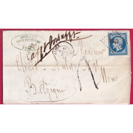N°14 PC 1947 MEAUX SEINE ET MARNE TAXE TAMPON 4 AFFR INSUFFISANT MONS BELGIQUE LETTRE COVER FRANCE