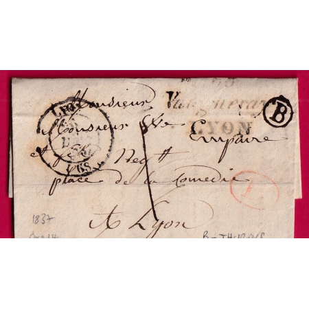 DOUBLE CURSIVE 68 VAUGNERAY LYON 1837 BOITE RURALE B  THURINS TAXE LOCALE 1 + DECIME RURAL LETTRE COVER FRANCE
