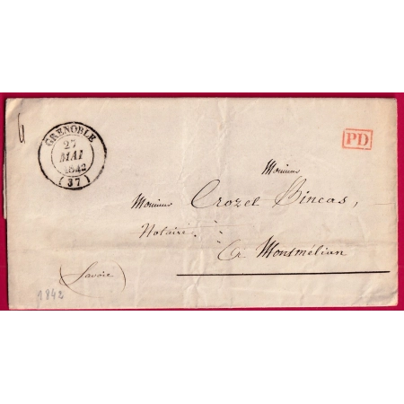 CAD TYPE 14 GRENOBLE ISERE POUR MONTMELIAN SAVOIE ETATS SARDE PD ROUGE 1842 LETTRE COVER FRANCE