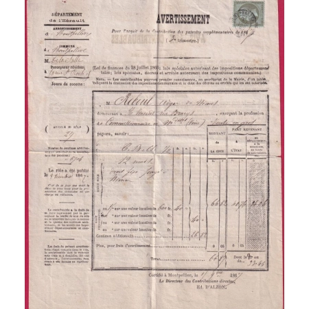 N°19 SEUL SUR DOCUMENT MONTPELLIER HERAULT POUR NIMES GARD 1867 LETTRE COVER FRANCE