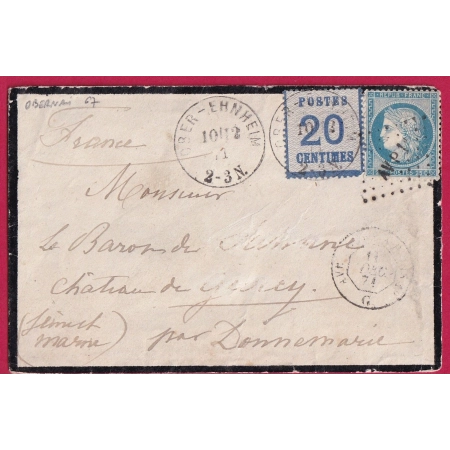 MIXTE ALSACE LORRAINE OBERNAI BAS RHIN DEC 1871 POUR DANNEMARIE SEINE ET MARNE LETTRE COVER FRANCE
