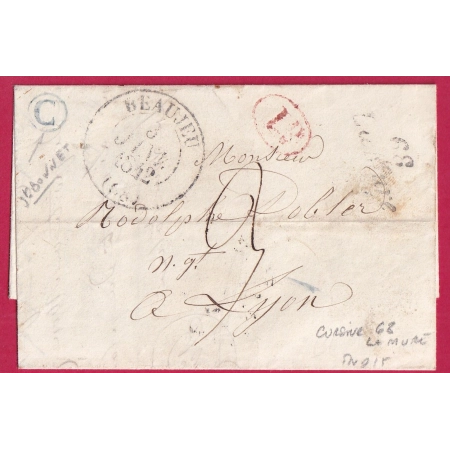 CURSIVE 68 LA MURE RHONE CAD T13 BEAUJEU BOITE RURALE EN BLEUE ST BONNET DE MURE INDICE 15 LYON ISERE LETTRE FRANCE