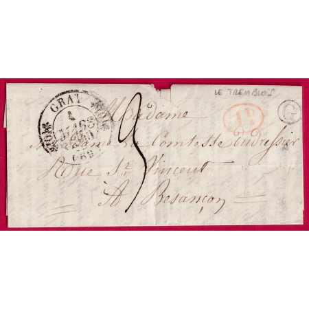 CAD TYPE 11 GRAY HAUTE SAONE BOITE RURALE G LE TREMBLOIS + DECIME RURAL POUR BESANCON DOUBS LETTRE FRANCE