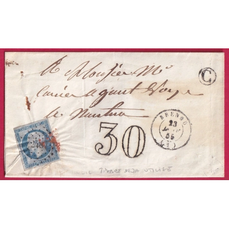 N°14 TAXE TAMPON 30 BRENOD AIN PC 2487 PONCIN POUR NANTUA TIMBRE AYANT DEJA SERVI LETTRE COVER FRANCE