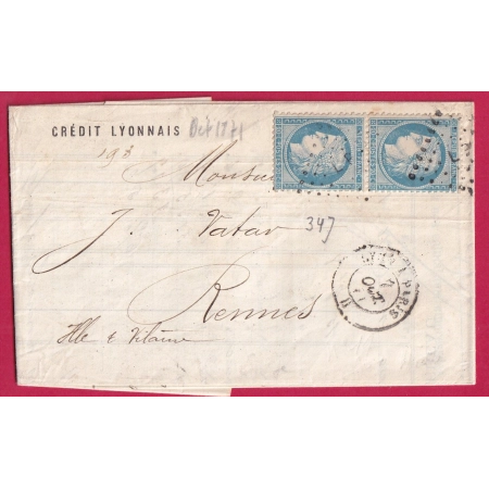 N°37 PAIRE AMBULANT LYON A PARIS POUR RENNES ILLE ET VILAINE LETTRE COVER FRANCE