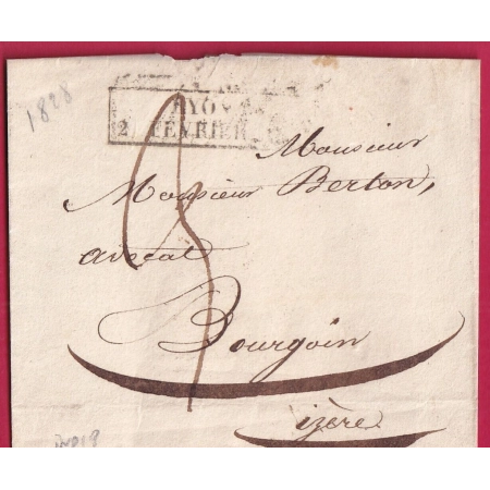 MARQUE ESSAI 2 FEVRIER 1828 LYON RHONE INDICE 19 POUR BOURGOIN ISERE LETTRE FRANCE