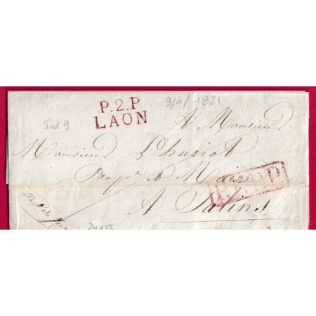 MARQUE P2P LAON AISNE EN ROUGE 1821 INDICE 9 POUR SALINS JURA LETTRE FRANCE