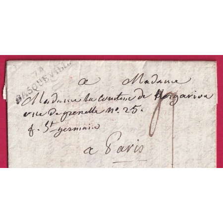MARQUE 74 BASQUEVILLE SEINE INFERIEURE 1823 43X10 INDICE 14 LETTRE FRANCE
