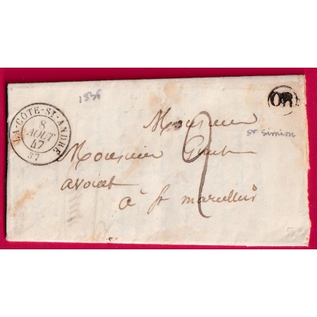 CAD TYPE 15 LA COTE ST ANDRE ISERE 1847 OR ST SIMEON DE BRESSEUX POUR ST MARCELLIN LETTRE FRANCE