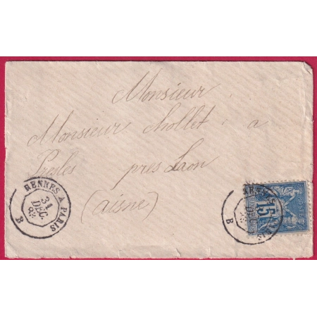 N°90 AMBULANT DE JOUR RENNES A PARIS 1883 POUR LAON AISNE LETTRE COVER FRANCE