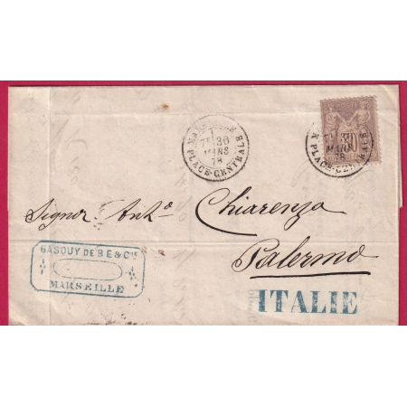 N°69 MARSEILLE PLACE CENTRALE POUR PALERME PALERMO SICILE 1878 LETTRE COVER FRANCE