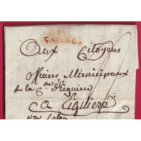 MARQUE 12 CADENET VAUCLUSE EN ROUGE POUR EYGUIERES TEXTE LOURMARIN 1794 INDICE 21 LETTRE COVER FRANCE