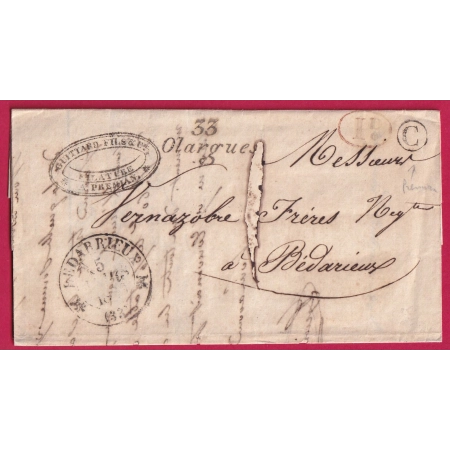 CURSIVE 33 OLARGUES HERAULT BOITE RURALE B PREMIAN DECIME RURALE TAXE LOCALE 1 POUR BEDARIEUX 1839 LETTRE COVER FRANCE