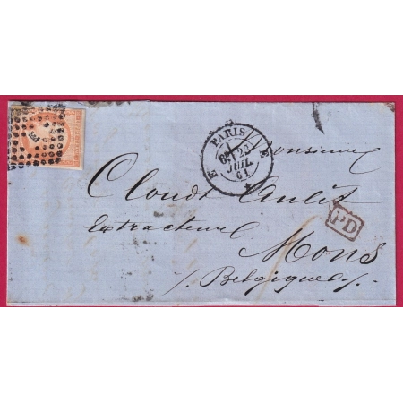 N°16 PARIS BUREAU E BATON POUR MONS BELGIQUE DEVANT DE LETTRE  COVER FRANCE