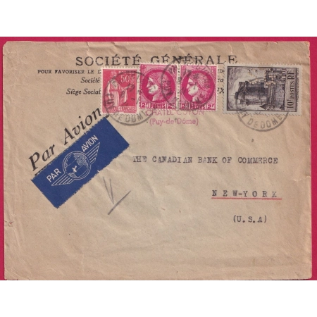 N°393 VINCENNES PERFORE SG SOCIETE GENERALE CHATEL GUYON PUY DE DOME PAR AVION POUR NEWYORK USA 1941 LETTRE COVER FRANCE