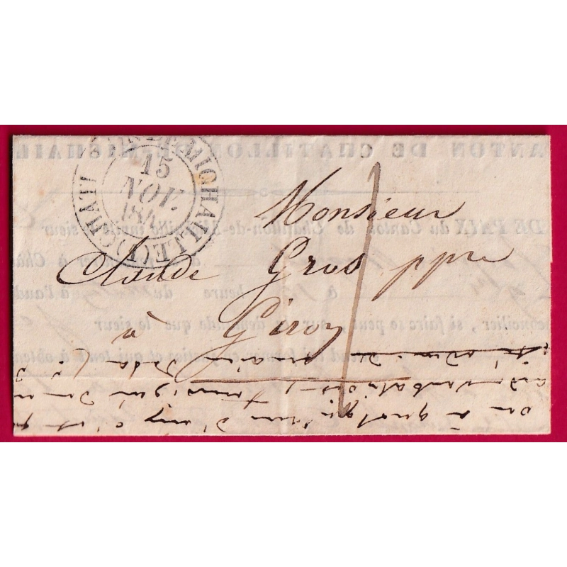 CAD TYPE 15 CHATILLON DE MICHAILLE AIN 1847 TAXE LOCALE 1 CURSIVE 1 ST GERMAIN DE JOUX EN ARRIVE LETTRE COVER FRANCE