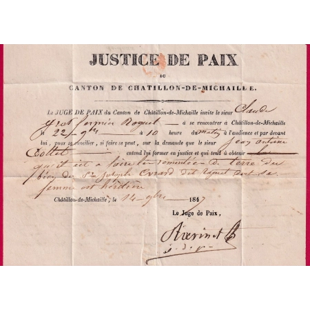 CAD TYPE 15 CHATILLON DE MICHAILLE AIN 1847 TAXE LOCALE 1 CURSIVE 1 ST GERMAIN DE JOUX EN ARRIVE LETTRE COVER FRANCE