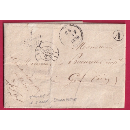 CURSIVE 1 ST GENIS POUILLY AIN FRANCHISE LE GARDE CHAMPETRE DE THOIRY POUR GEX DATEUR B 1855  LETTRE COVER FRANCE