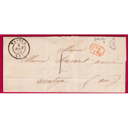 CAD TYPE 15 NANTUA AIN TAXE LOCALE 1 BOITE RURALE A BRION CL ROUGE POUR NANTUA 1853 LETTRE COVER FRANCE