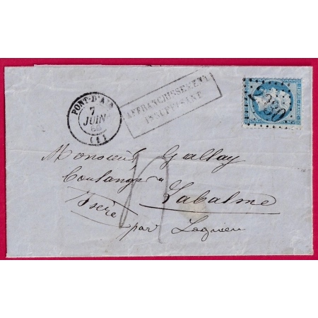 N°22 GC 2930 PONT D'AIN TAXE TAMPON 4 AFFRANCHISSEMENT INSUFFISANT POUR LA BALME ISERE LETTRE COVER FRANCE