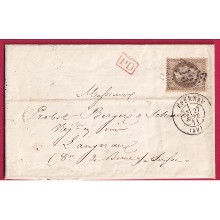 N°30 GC 1397 EPERNAY MARNE POUR LANGNAU SUISSE TARIF CHAMPAGNE MOET ET CHANDON 1871 LETTRE COVER FRANCE