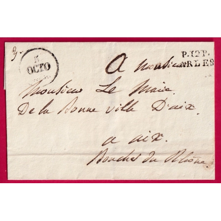 MARQUE P12P ARLES BOUCHES DU RHONE 1828 POUR AIX EN PROVENCE INDICE 9 LETTRE COVER FRANCE