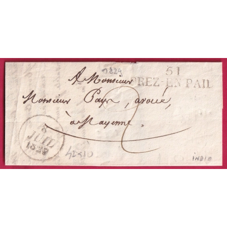 MARQUE 51 PREZ EN PAIL MAYENNE 1828 POUR MAYENNE INDICE 9 LETTRE COVER FRANCE