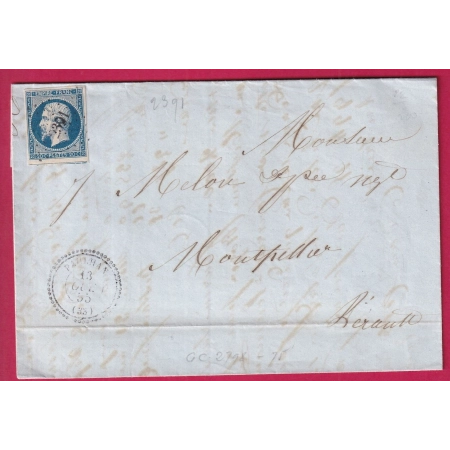 N°14 PC 2391 PAULHAN HERAULT CAD TYPE 22 POUR MONTPELLIER INDICE 13 LETTRE COVER FRANCE