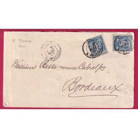 N°90 X2 PAIRE LEVEE EXCEPTIONNELLE PARIS R STE CECILE LEVEE E1 POUR BORDEAUX LETTRE COVER FRANCE