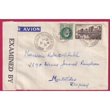 N°501+ PETAIN TARSACON BOUCHES DU RHONE 1942 CENSURE ANGLAISE POUR MONTEVIDEO URUGUAY LETTRE COVER FRANCE