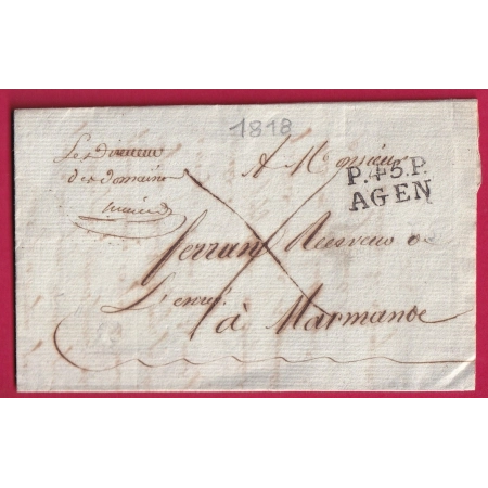 MARQUE P45P AGEN LOT ET GARONNE 1818 22X11 INDICE 13 POUR MARMANDE FRANCHISE DIRECTEUR DOMAINE LETTRE COVER FRANCE