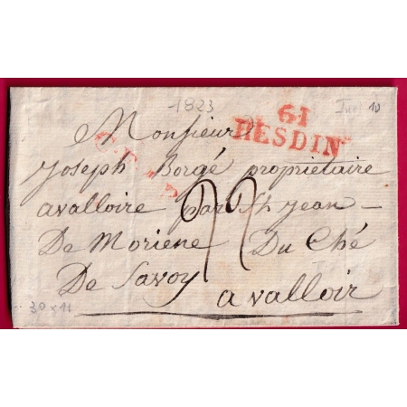 MARQUE 61 HESDIN PAS DE CALAIS 1823 30X11 EN ROUGE INDICE  POUR VALLOIRE SAVOIE ETATS SARDE DUCHE DE LETTRE COVER FRANCE