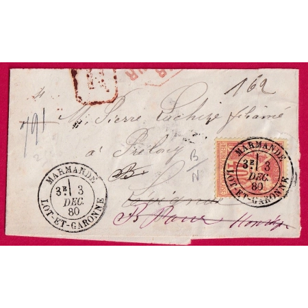N°70 MARMANDE LOT ET GARONNE SUR BANDE RECOMMANDEE POUR MONTSEGUR GIRONDE LETTRE COVER FRANCE