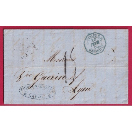 CACHET ENTREE HEXAGONAL DEUX SICILES MARSEILLE TAXE 15 DEPART NAPLES ITALIE POUR LYON 1860 LETTRE COVER FRANCE