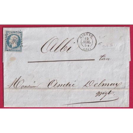 N°14 BLEU LAITEUX 19 JUILLET 1854 PC 1935 GIGNAC HERAULT POUR ALBI TARN LETTRE COVER FRANCE