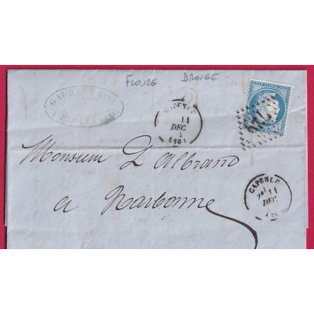 N°60 GC 726 CAPENDU AUDE BOITE RURALE D EN ROUGE FLOURE POUR NARBONNE LETTRE COVER FRANCE