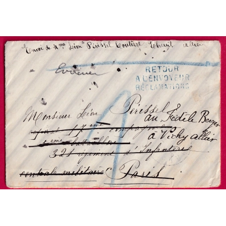 RETOUR A L'ENVOYEUR RECLAMATIONS 1914 AU DOS IMPOSSIBLE DE DISTRIBUER MONTLUCON ALLIER LETTRE COVER FRANCE
