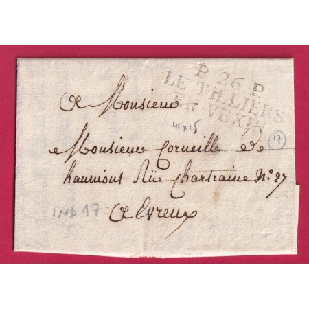 MARQUE P26P LE TILLIERS EN VEXIN EURE INDICE 17 LES THILLIERS POUR EVREUX LETTRE COVER FRANCE