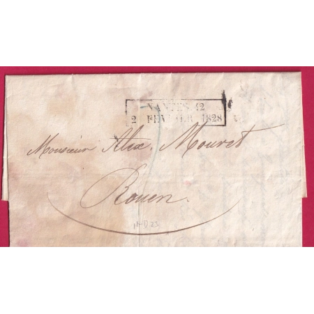 MARQUE ESSAI 2 FEVRIER 1828 LOIRE INFERIEURE POUR ROUEN SEINE INFERIEURE INDICE 23 LETTRE COVER FRANCE