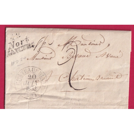DOUBLE CURSIVE 42 NORT NANTES LOIRE INFERIEURE T13 CHATEAUBRIANT INDICE 20 DOUBLE PORT LOCAL ? LETTRE 1832 FRANCE