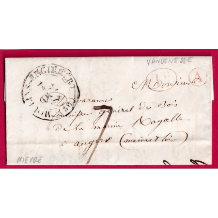 CAD TYPE 13 MOULINS ENGILBERT NIEVRE BOITE RURALE ROUGE VANDENESSE DECIME RURAL POUR ANGERS 1842 LETTRE COVER FRANCE