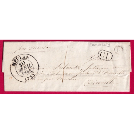 CAD TYPE 13 MEULAN SEINE ET OISE 1844 CL EN NOIR TAXE LOCALE I BOITE RURALE COMMENY POUR OINVILLE LETTRE COVER FRANCE